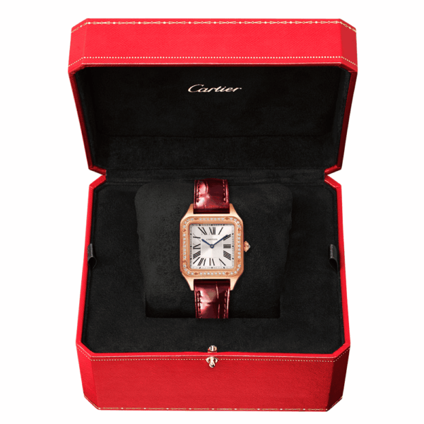 Santos-Dumont Small 18ct Rose Gold Silver Dial Diamond Set Bezel Strap Watch - Image 2
